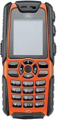 Sonim Land Rover S1 front view, rugged phone with orange and black casing, small screen, and numeric keypad