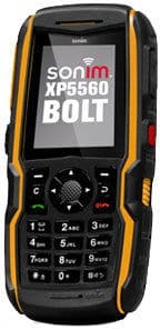 Sonim XP 5560 BOLT rugged phone front view, displaying logo on screen with physical keypad and yellow accents