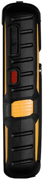 Sonim XP 5560 BOLT rear view showing black rugged phone with yellow accents, red button, and yellow panel