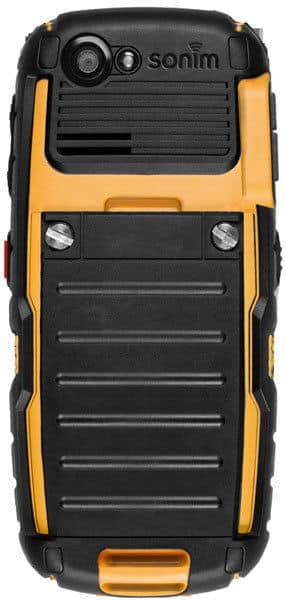 Sonim XP 5560 BOLT rear view, black and yellow rugged phone with camera lens, speaker grille, and horizontal ridged back panel