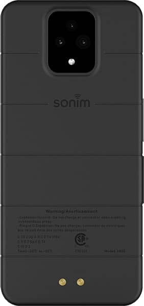 Sonim XP Pro rear view showing camera lens, Sonim branding, and regulatory markings on dark gray rugged phone back