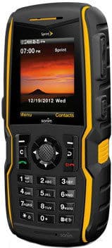 Sonim XP Strike rugged phone, front view, with small screen displaying sunset image and physical keypad below