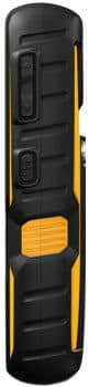 Sonim XP Strike rugged phone shown from the side, black with yellow accents and dual physical buttons