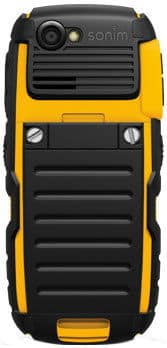Sonim XP Strike front view, a rugged yellow and black mobile phone with textured grip sides and reinforced corners