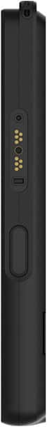Sonim XP10 rear view, showing black rugged phone body with gold contact pins and physical buttons
