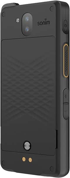 Sonim XP10 rugged smartphone, front view, showing dual rear cameras, textured black body with orange accent buttons on the side