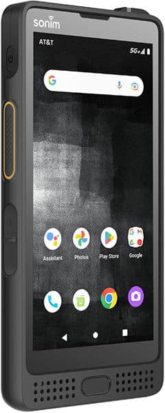 Sonim XP10 rugged smartphone front view with Android home screen, Google search bar, and app icons displayed