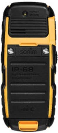 Sonim XP1301 Core NFC rear view, yellow and black rugged phone with horizontal ribbed design and orange accents
