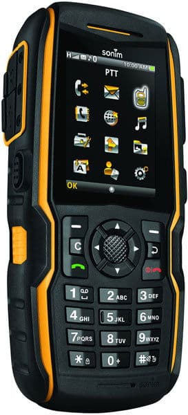 Sonim XP1520 BOLT SL front view, black and yellow rugged phone with screen displaying app icons and physical keypad below