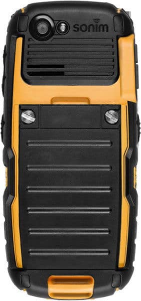 Sonim XP1520 BOLT SL rugged phone, rear view, with yellow and black casing and horizontal vents