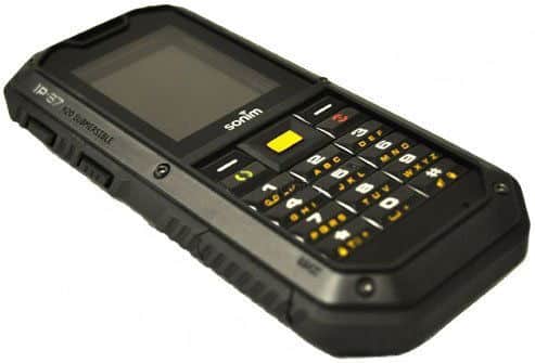 Sonim XP2.10 Spirit rugged mobile phone, front view, with black casing, display screen, and yellow-accented keypad