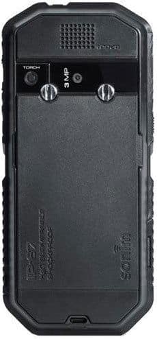Sonim XP2.10 Spirit rear view, showing speaker grille, control buttons, and rugged black casing with textured surface