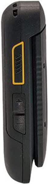 Side view close-up of black Sonim XP3 highlighting yellow-outlined push-to-talk button and two smaller buttons below.