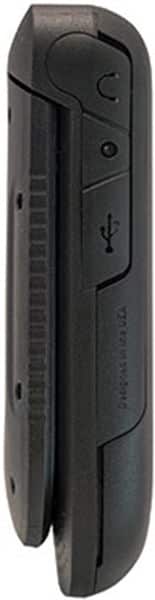 Close-up side view of a black Sonim XP3-like device showing textured grip, side buttons, and USB port symbol.