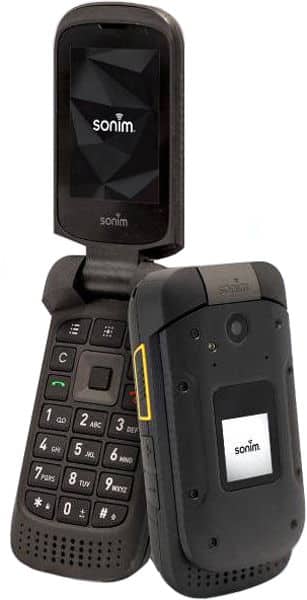 Sonim XP3 flip phone open showing front screen and keypad, alongside rear view with camera and Sonim branding.