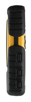 Side view close-up of the yellow and black Sonim XP3 Enduro, highlighting three side buttons and a textured grip.