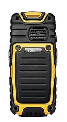 Rear view of rugged black and yellow Sonim XP3 Quest with textured back, visible screws, speaker grill, and heavy-duty casing.