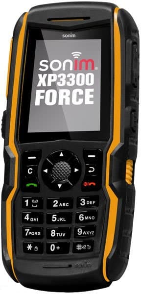 Front view of rugged black and yellow Sonim XP3300 Force phone, physical keypad visible, model name shown on screen.
