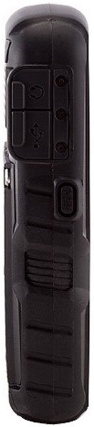 Close-up side view of a rugged black device like the Sonim XP3300 Force, showing ridged grip, buttons, USB symbol, and covered port.
