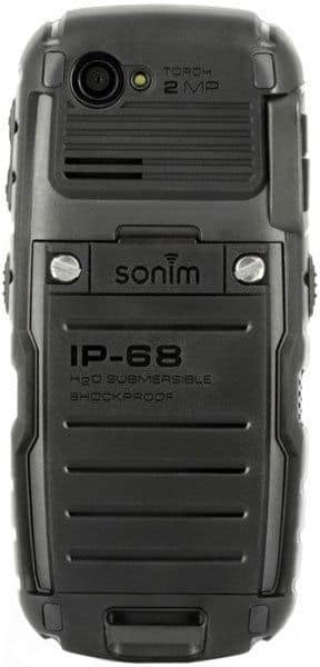 Rear view of black Sonim XP3300 Force showing 2 MP camera, exposed screws, and IP-68, pro submersible, shockproof labels.