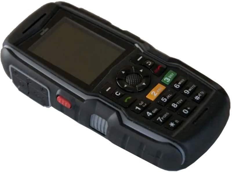 Sonim XP3340 Sentinel rugged phone front view with display screen, numeric keypad, and red emergency button on side