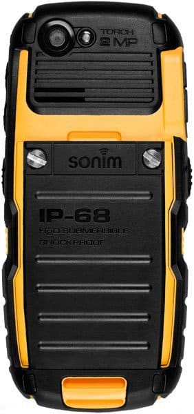 Sonim Armor rugged phone rear view, yellow and black with 2MP camera, IP68 rating and physical buttons
