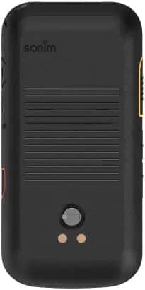 Sonim XP3plus 5G rear view, black rugged phone with horizontal vents and physical buttons