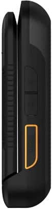 Sonim XP3plus 5G side view, black rugged phone with orange accents and physical buttons