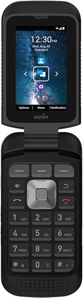 Sonim XP3plus 5G front view, open clamshell phone with physical keypad and screen displaying home menu with app icons