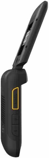 Sonim XP3plus rugged phone shown open from the side, displaying black casing with yellow accent stripe