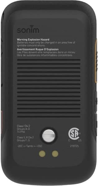 Sonim XP3plus rear view, showing speaker grille, warning label, certification marks, and two indicator lights