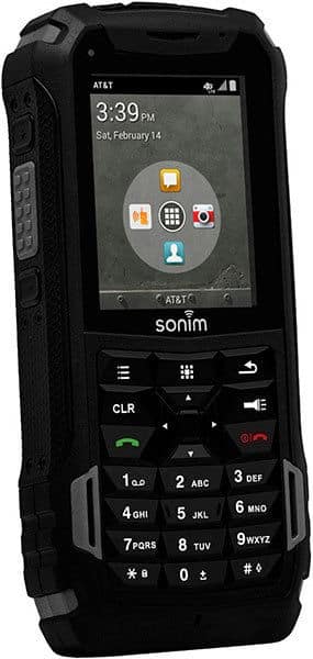 Sonim XP5 rugged phone, front view, with display screen showing time, date, and app icons, physical keypad below