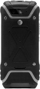 Sonim XP5 rugged smartphone, rear view, showing black casing with gray accents and protective X-pattern design