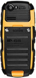 Sonim XP5520 Bolt rugged phone, rear view, showing black and yellow casing with speaker grille and branding