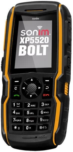 Sonim XP5520 Bolt front view, rugged phone with black body, yellow trim, and display showing product name
