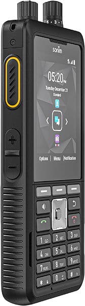 Sonim XP5plus rugged smartphone shown from front angle, displaying screen with time and icons, featuring physical keypad and dual antennas