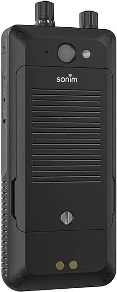 Sonim XP5plus rugged mobile device, front view, with dual antenna, speaker grille, and control buttons on black casing