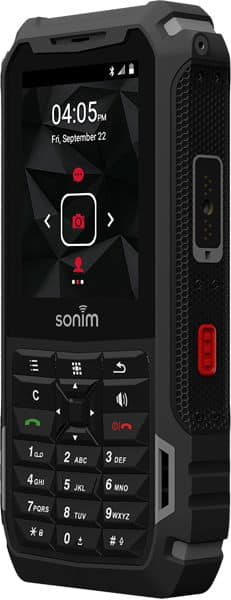 Sonim XP5s rugged phone, front view, with physical keypad, small screen, and red accents on black textured body