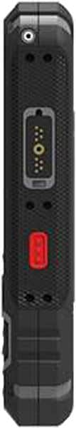 Sonim XP5s rear view, showing black rugged device with camera, speaker grilles, charging ports, and red power button
