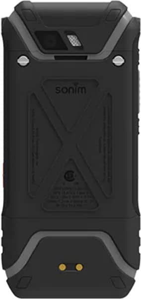 Sonim XP5s rugged phone, rear view, black with gray accents and two small indicator lights at the bottom