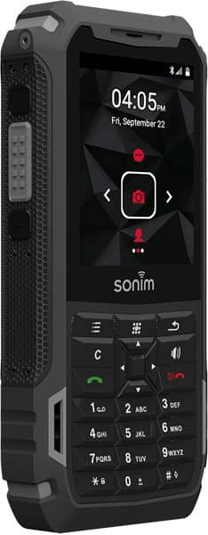 Sonim XP5s rugged phone displayed front-on, showing time and date on screen, with physical keypad and red accents