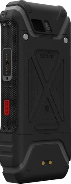 Sonim XP5s rugged smartphone, rear view, showing black textured back panel with X-shaped design and red power button