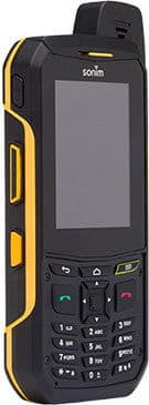 Front view of a rugged black and yellow Sonim XP6 with small screen, physical keypad, and top right protruding antenna.