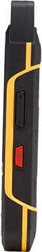 Side view of a rugged Sonim XP6-like device in black and yellow, showing a rectangular black button and red "BACK" button.