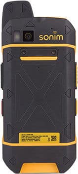 Rear view of black and yellow Sonim XP6 showing camera, flashlight, textured grip, branding, and small label at the bottom.