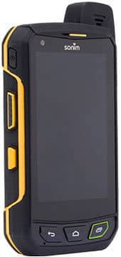Front view of a rugged black and yellow Sonim XP7 with physical navigation buttons, antenna, and Sonim logo above the screen.