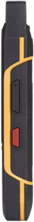 Side view of a rugged black device with yellow accents, rectangular and red side buttons, similar to the Sonim XP7.