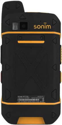 Rear view of the rugged Sonim XP7 in black and yellow, featuring camera, flash, barcode, textured grip, and reinforced corners.