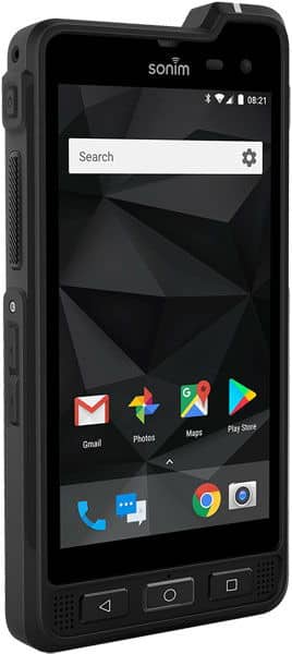 Sonim XP8 rugged smartphone shown from front, displaying home screen with app icons including Gmail, Photos, Maps, and Play Store