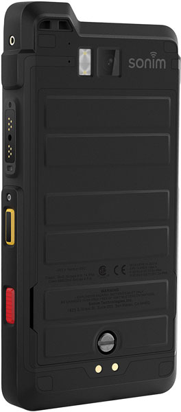 Sonim XP8 rugged smartphone, rear view, showing black casing with yellow and red accent buttons on the side